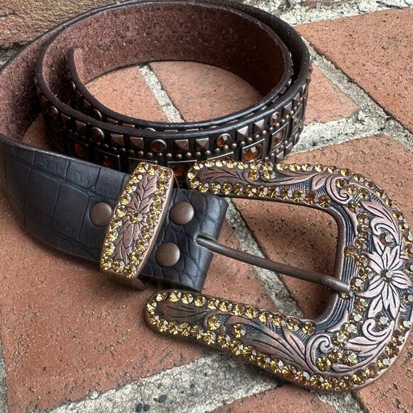 Nomad Studded Rhinestone Western Leather Belt Floral Buckle Brown S/M NEW main image 8